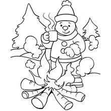 Snowman warming up by a campfire coloring page