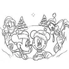 Mickey and friends peeking over a snowbank coloring page