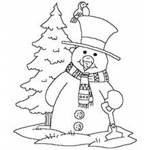 Snowman with top hat and bird coloring page