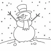 Snowman with arms raised in falling snow coloring page