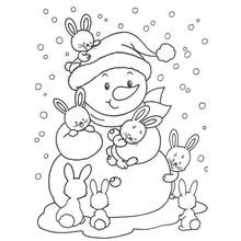 Snowman surrounded by little bunnies coloring page