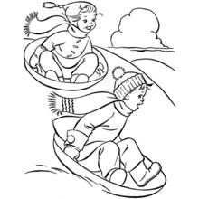 Children sledding down a snowy hill coloring page