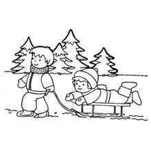 Children playing with a sled in the snow coloring page