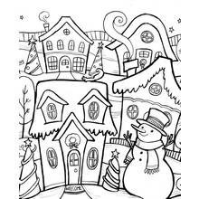 Snowy winter village with snowman coloring page