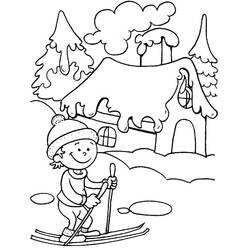 Boy skiing near a snowy cabin coloring page