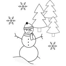 Snowman standing in a snowy forest coloring page