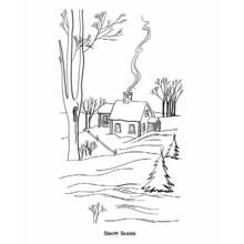 Cottage in a snowy winter landscape coloring page