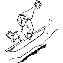 Child sledding down a snowy hill coloring page