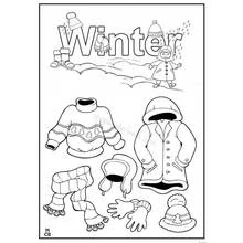 Winter clothes and snowy scene coloring page