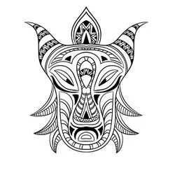 African Mask with horn-like shapes and patterns coloring page