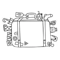 Suitcase surrounded by travel items coloring page