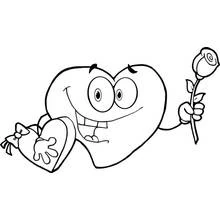 Emoji heart holding a rose and a candy box coloring page