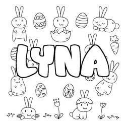 Lyna surrounded by Easter bunnies and eggs coloring page