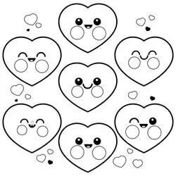 Cute kawaii hearts with faces coloring page