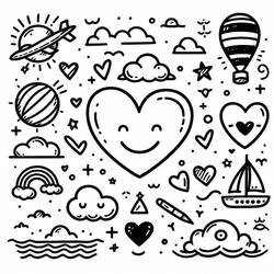 Heart with a smiling face and doodle pattern coloring page