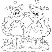Two cats in love holding hands coloring page