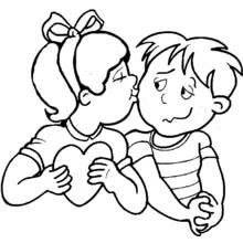 Girl kissing a shy boy while holding a heart coloring page