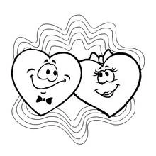 Two smiling hearts with a bow tie and bow coloring page