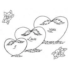 Three winged hearts spelling I Love You coloring page