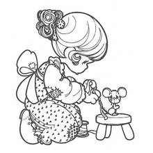 Precious Moments girl sewing with a mouse coloring page