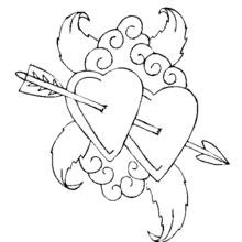 Two hearts pierced by an arrow with flourishes coloring page