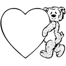 Teddy bear standing next to a big heart coloring page