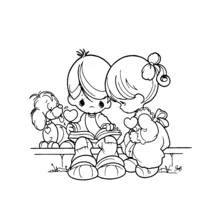 Precious Moments children reading together on a bench coloring page