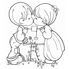 Kids sharing a kiss among fence flowers coloring page