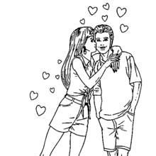 Couple surrounded by hearts for Valentine's Day coloring page