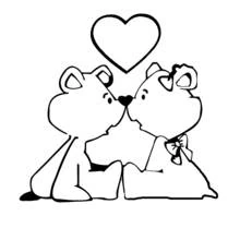 Two teddy bears kissing under a heart coloring page