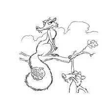 Scrat sitting on a branch with an acorn tail coloring page