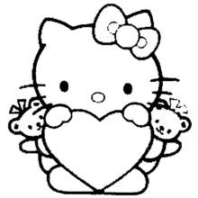 Hello Kitty peeking behind bright red heart coloring page