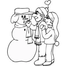 Couple building a snowman together coloring page