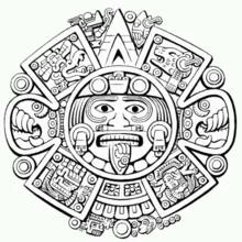 Aztec sun stone with central deity face coloring page