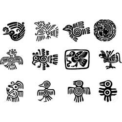 Twelve Aztec bird symbols in a grid coloring page