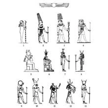 Egyptian gods gallery with staffs and crowns coloring page