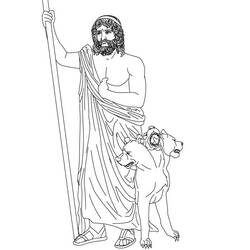 Hades standing with Cerberus the three-headed dog coloring page