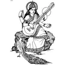Saraswati playing the veena with her peacock coloring page
