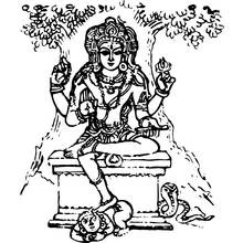 Hindu god seated under a tree with a serpent nearby coloring page