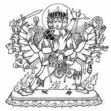 Multi-armed Hindu deity holding sacred weapons coloring page