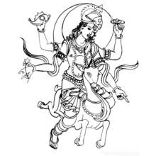 Hindu God riding a bull with four arms raised coloring page
