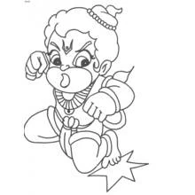 Baby Hanuman flying with fist raised coloring page