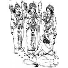 Hanuman kneeling before Rama, Lakshmana and Sita coloring page