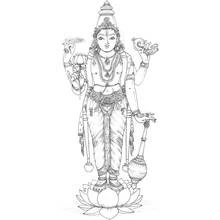 Vishnu with four arms holding discus and conch coloring page
