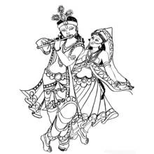 Krishna playing flute beside Radha coloring page