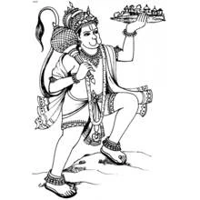 Hanuman carrying a mountain village on his palm coloring page