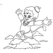 Baby Hanuman flying through the clouds coloring page