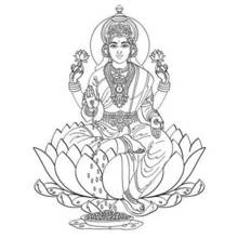 Lakshmi cross-legged on lotus with coins coloring page