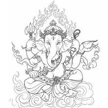 Ganesha seated in flames with four arms coloring page