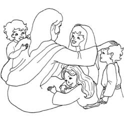 Jesus from behind embraced by four children coloring page